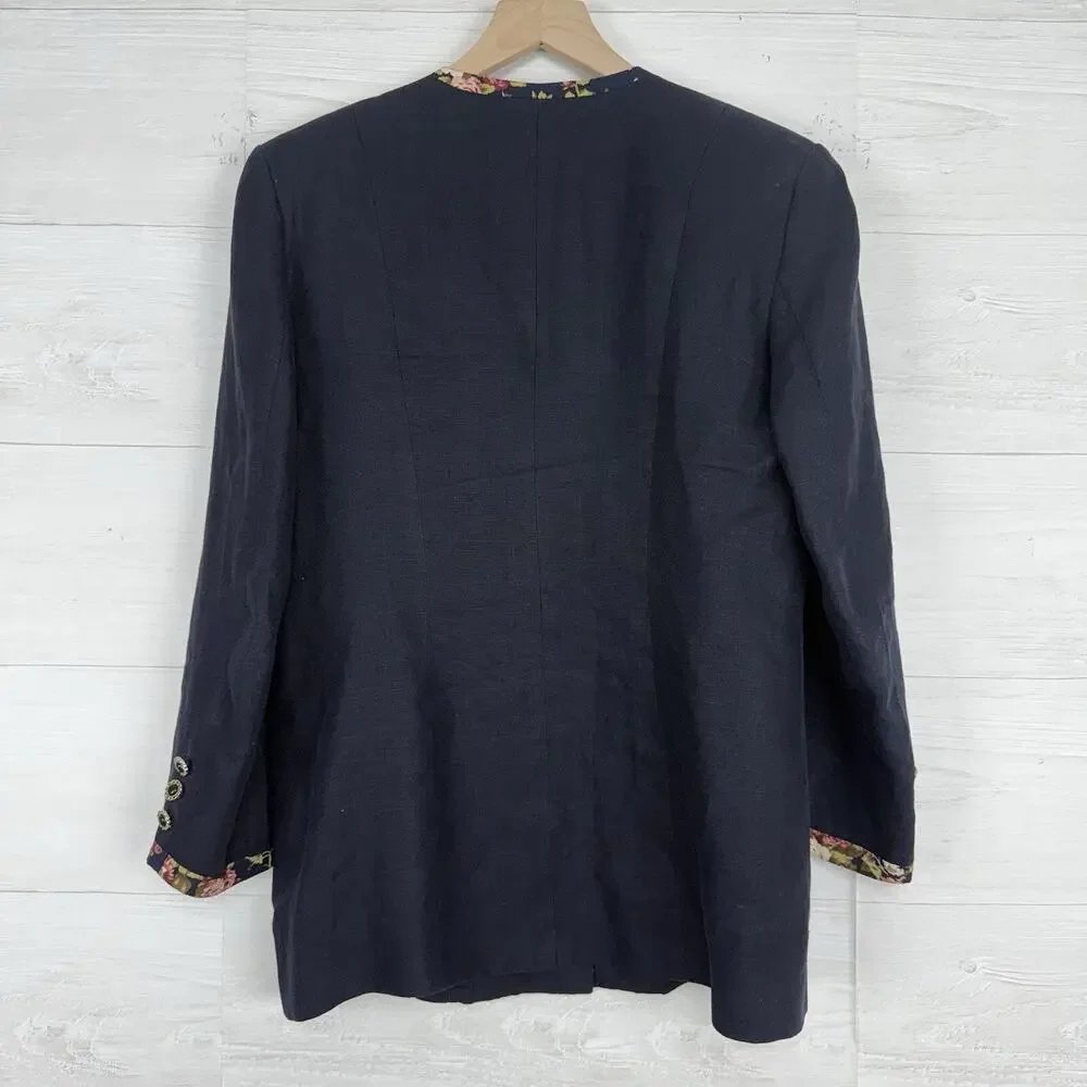 Hernando Trujillo Linen Blazer Jacket Women 8 Navy Floral‎ Trim Preppy Spring